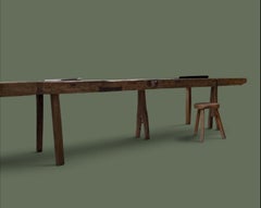 Primitive Console Table, Solid Wood Plank Top, Splayed Legs, 1940s