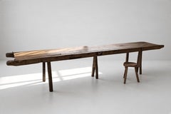 Primitive Console Table, Solid Wood Plank Top, Splayed Legs, 1940s