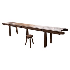 Primitive Console Table, Solid Wood Plank Top, Splayed Legs, 1940s
