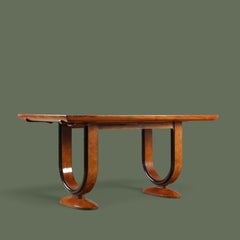 Art Deco Dining Table, Walnut with U-Shaped Ebonized Pedestals, 1930s