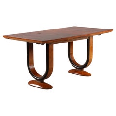 Art Deco Dining Table, Walnut with U-Shaped Ebonized Pedestals, 1930s