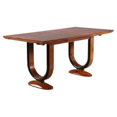 Art Deco Dining Table, Walnut with U-Shaped Ebonized Pedestals, 1930s