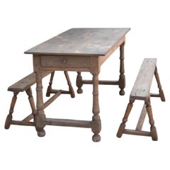 French Provincial Farmhouse Dining Table with Benches, Oak, 1900s