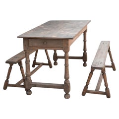 French Provincial Farmhouse Dining Table with Benches, Oak, 1900s