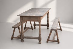 French Provincial Farmhouse Dining Table with Benches, Oak, 1900s