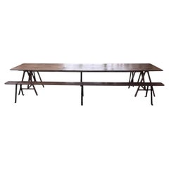 French Trestle Dining Table and Benches Set, Pine and Iron, 1950s