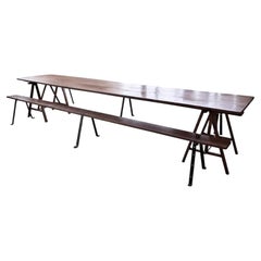 Französisches Esszimmer-Set mit Tisch und Bänken, Kiefer und Eisen, 1950er Jahre