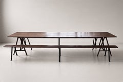 Französisches Esszimmer-Set mit Tisch und Bänken, Kiefer und Eisen, 1950er Jahre