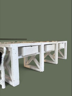 Painted Pine Console Table, X-Frame Trestle Base with Drawers, 1950s