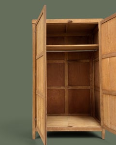 French Modernist Two-Door Oak Wardrobe, Paneled Construction, 1950s