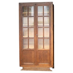 French Art Deco Two-Door Glazed Bookcase Cabinet, Oak, 1940s
