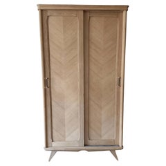 French Mid-Century Oak Sliding-Door Wardrobe, Chevron Panels, 1950s