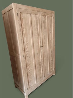 Country Pine Two-Door Wardrobe, Paneled Doors, Brass Knobs, 1950s