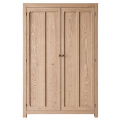Country Pine Two-Door Wardrobe, Paneled Doors, Brass Knobs, 1950s