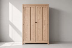 Country Pine Two-Door Wardrobe, Paneled Doors, Brass Knobs, 1950s