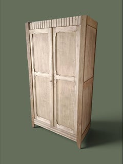 French Provincial Two-Door Armoire, Bleached Oak, Fluted Cornice, 1940s