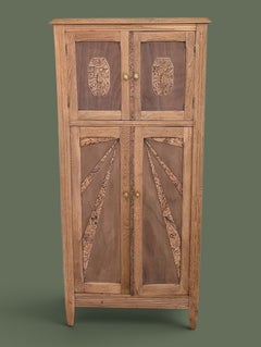 French Art Deco Four-Door Cabinet, Carved Oak, Sunburst Panels, 1930s