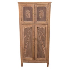 French Art Deco Four-Door Cabinet, Carved Oak, Sunburst Panels, 1930s