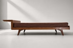 French Mid-Century Daybed with Integrated Shelf, Solid Oak, 1950s