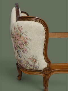 Louis XV Style Carved Walnut Bed, Floral Tapestry Upholstery, France, 1940s
