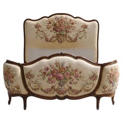 Louis XV Style Carved Walnut Bed, Floral Tapestry Upholstery, France, 1940s