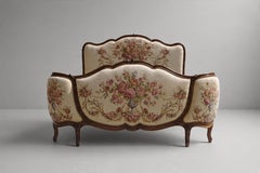 Louis XV Style Carved Walnut Bed, Floral Tapestry Upholstery, France, 1940s
