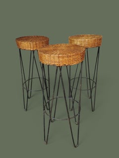 French Curved Rattan and Wicker Standing Bar with Three Stools, 1950s