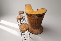 French Curved Rattan and Wicker Standing Bar with Three Stools, 1950s