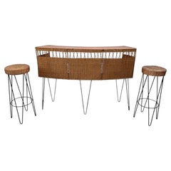 Mid-Century Curved Rattan and Wicker Bar Counter, Iron Hairpin Legs, 1950s