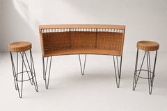 Mid-Century Curved Rattan and Wicker Bar Counter, Iron Hairpin Legs, 1950s