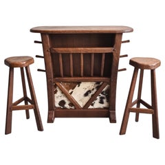 French Brutalist Bar and Two Stools Set, Oak and Cowhide, 1960s