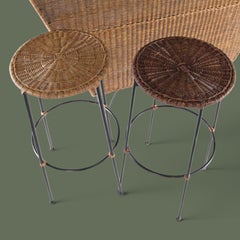 French Mid-Century Wicker Dry Bar with Two Stools, Iron Base, 1950s