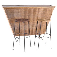French Mid-Century Wicker Dry Bar with Two Stools, Iron Base, 1950s