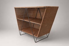 French Mid-Century Wicker Dry Bar with Two Stools, Iron Base, 1950s