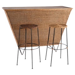 French Mid-Century Wicker Dry Bar with Two Stools, Iron Base, 1950s