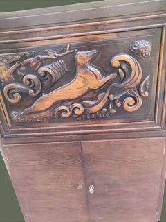 French Art Deco Dry Bar Cabinet, Carved Oak, Leaping Greyhound, 1930s