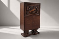 French Art Deco Dry Bar Cabinet, Carved Oak, Leaping Greyhound, 1930s