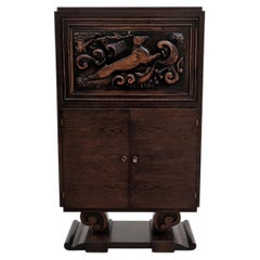 French Art Deco Dry Bar Cabinet, Carved Oak, Leaping Greyhound, 1930s