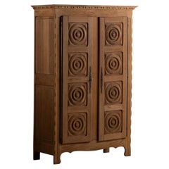 Oak Armoire with Carved Rosette Medallions, France, 1950s