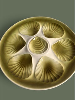 Moulin des Loups Ceramic Oyster Plate, Green Salterrène Glaze, France, 1960s