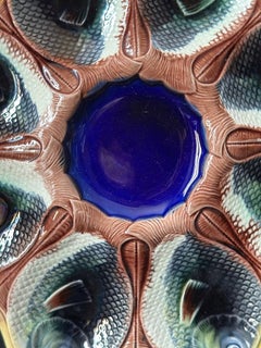 French Majolica Oyster Plate, Glazed Earthenware, Fish Motifs, 1890s