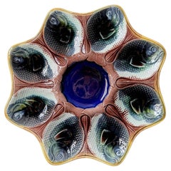 French Majolica Oyster Plate, Glazed Earthenware, Fish Motifs, 1890s