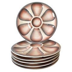 Set of Six French Oyster Plates, Airbrushed Ceramic, Flower Form, 1970s