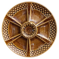 French Sarreguemines Divided Oyster Plate, Amber Glazed Ceramic, 1960s