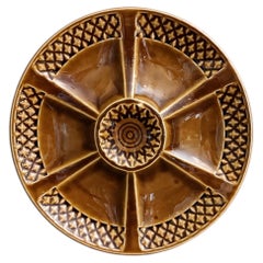 French Sarreguemines Divided Oyster Plate, Amber Glazed Ceramic, 1960s
