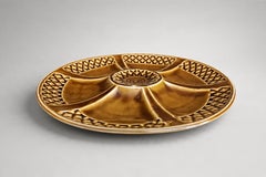 French Sarreguemines Divided Oyster Plate, Amber Glazed Ceramic, 1960s