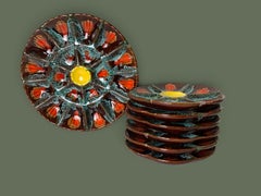 Set of Six French Fat Lava Ceramic Oyster Plates, Vallauris Style, 1960s