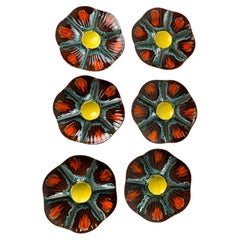 Set of Six French Fat Lava Ceramic Oyster Plates, Vallauris Style, 1960s