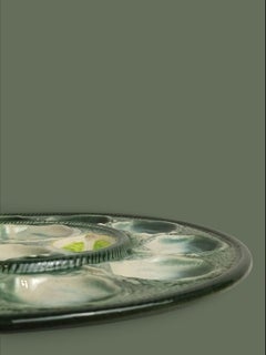 French Majolica Oyster Plate, Green Glazed Ceramic, Lemon Motif, 1950s