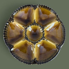 Gien Oyster Plate, Brown Flambe Glazed Majolica, France, 1960s